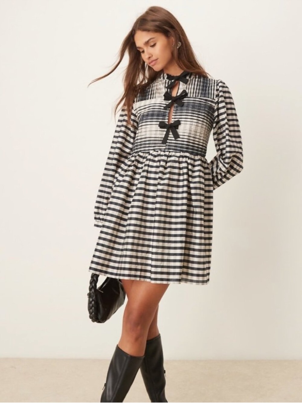 Black & White Gingham Bow-Front Mini Dress